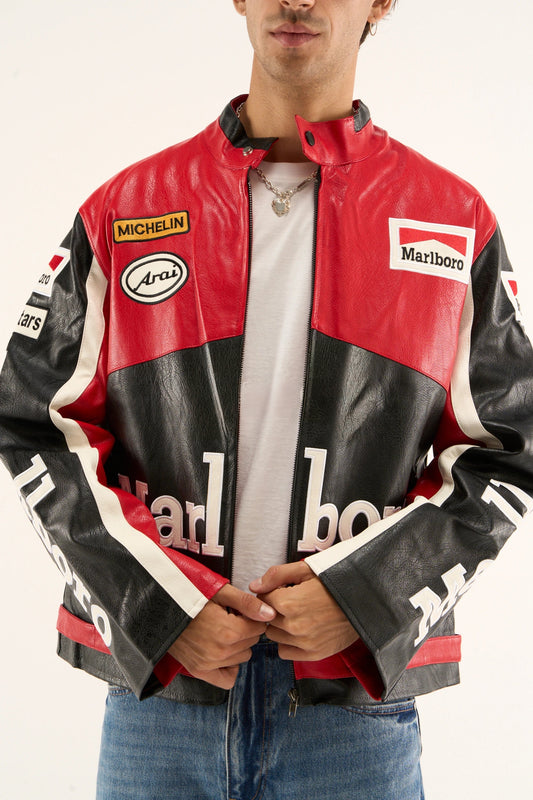 Black Marlboro jacket front view for men featuring premium racing leather design and iconic motorsport patches
