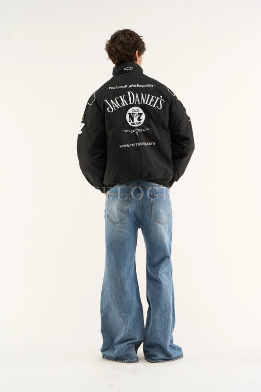 Jack Daniels whiskey brand embroidered bomber jacket street look