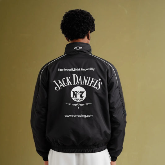 Back view of Jack Daniels jacket showing Old No. 7 branding and premium whiskey streetwear design