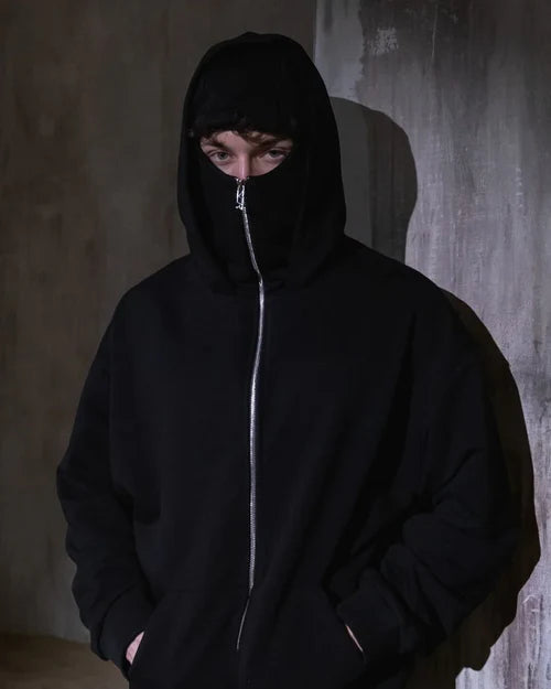Model wearing Gigavibe face mask hoodie balaclava – casual street outfit