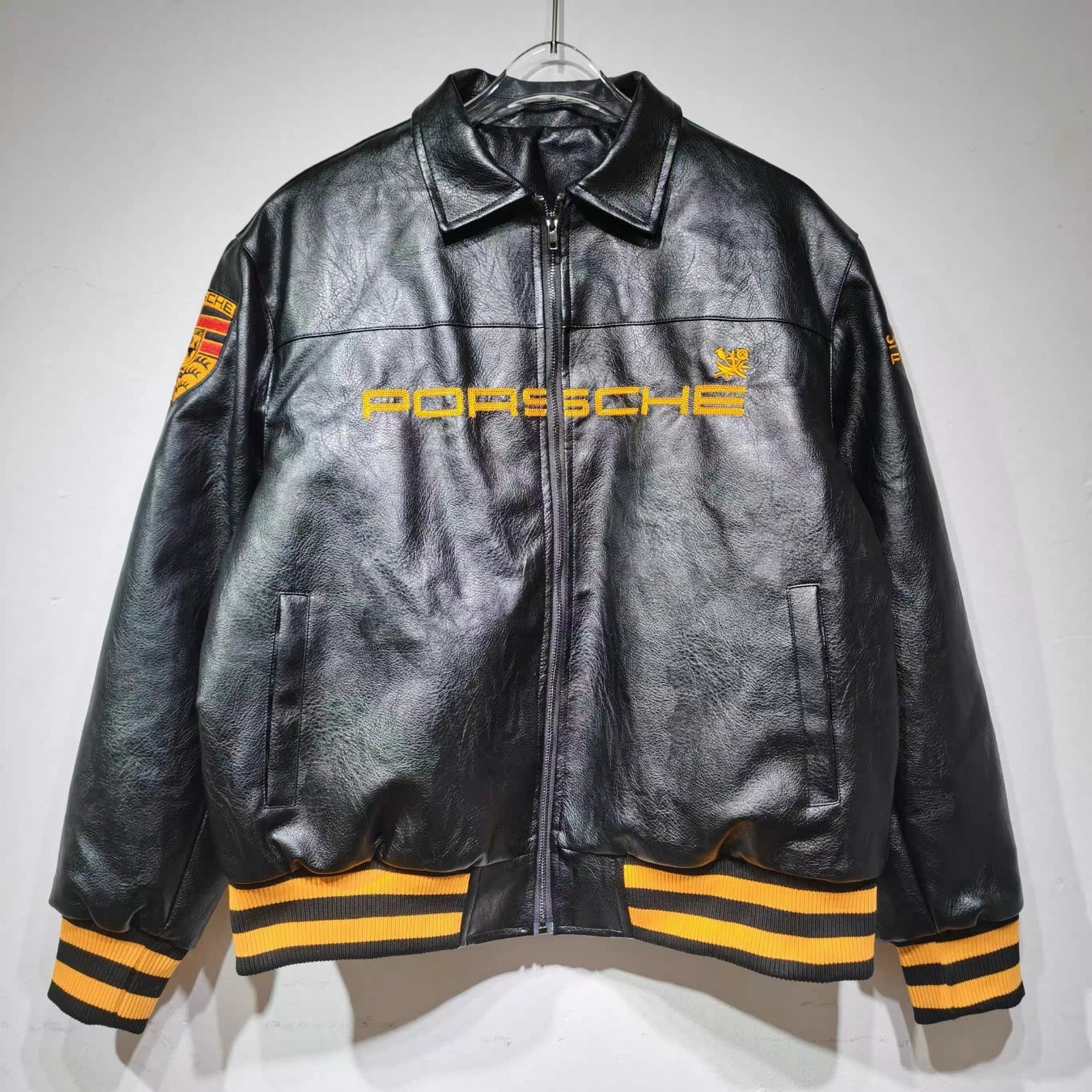 Black Porsche leather jacket for men – bomber fit racing edition