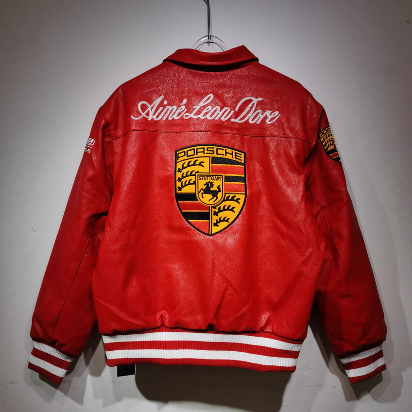 Red Porsche 993 leather jacket with luxury racer design- back view