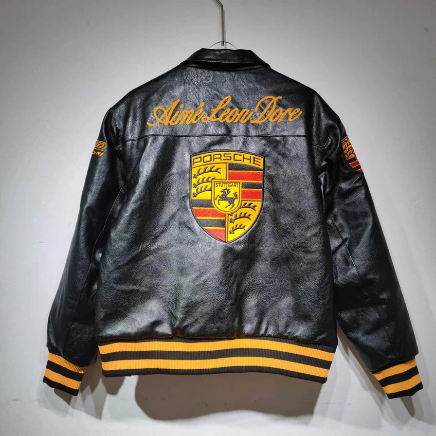 Black Porsche 993 leather jacket back view with large Porsche crest and Aimé Leon Dore embroidery – Gigavibe