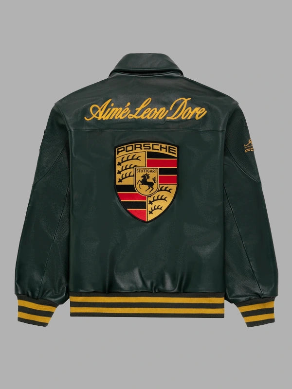 Dark green Porsche 993 vintage leather jacket back view with yellow Porsche logo – Gigavibe retro racing style