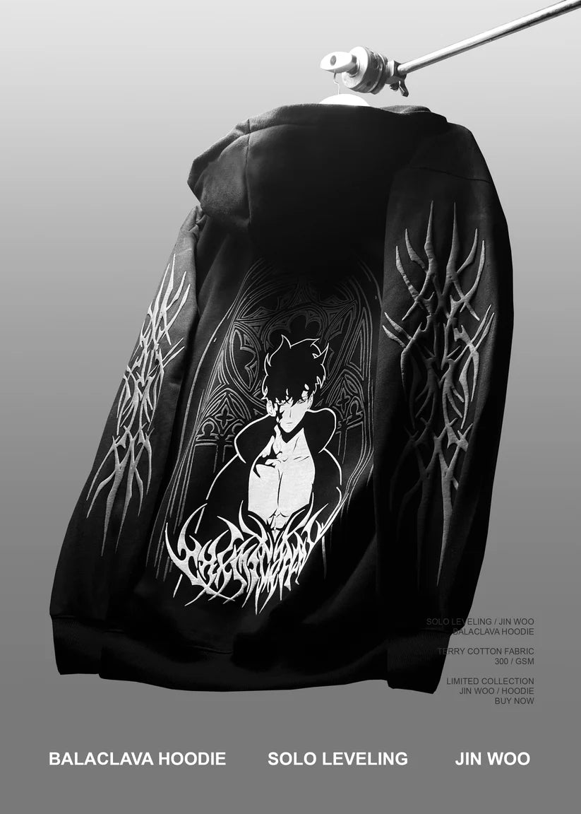 Black balaclava hoodie Sung Jin-Woo hoodie puff print anime design – limited edition