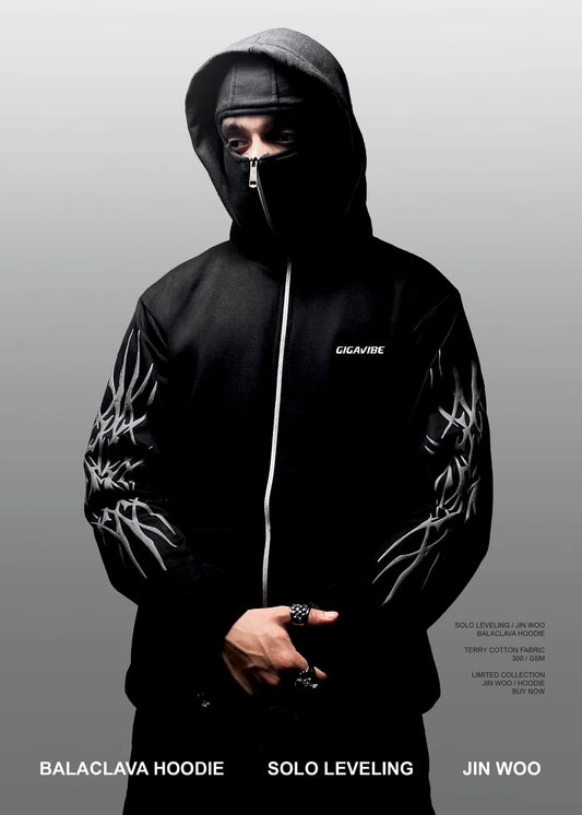 Solo Leveling Hoodie men wearing balaclava zip design anime hoodie