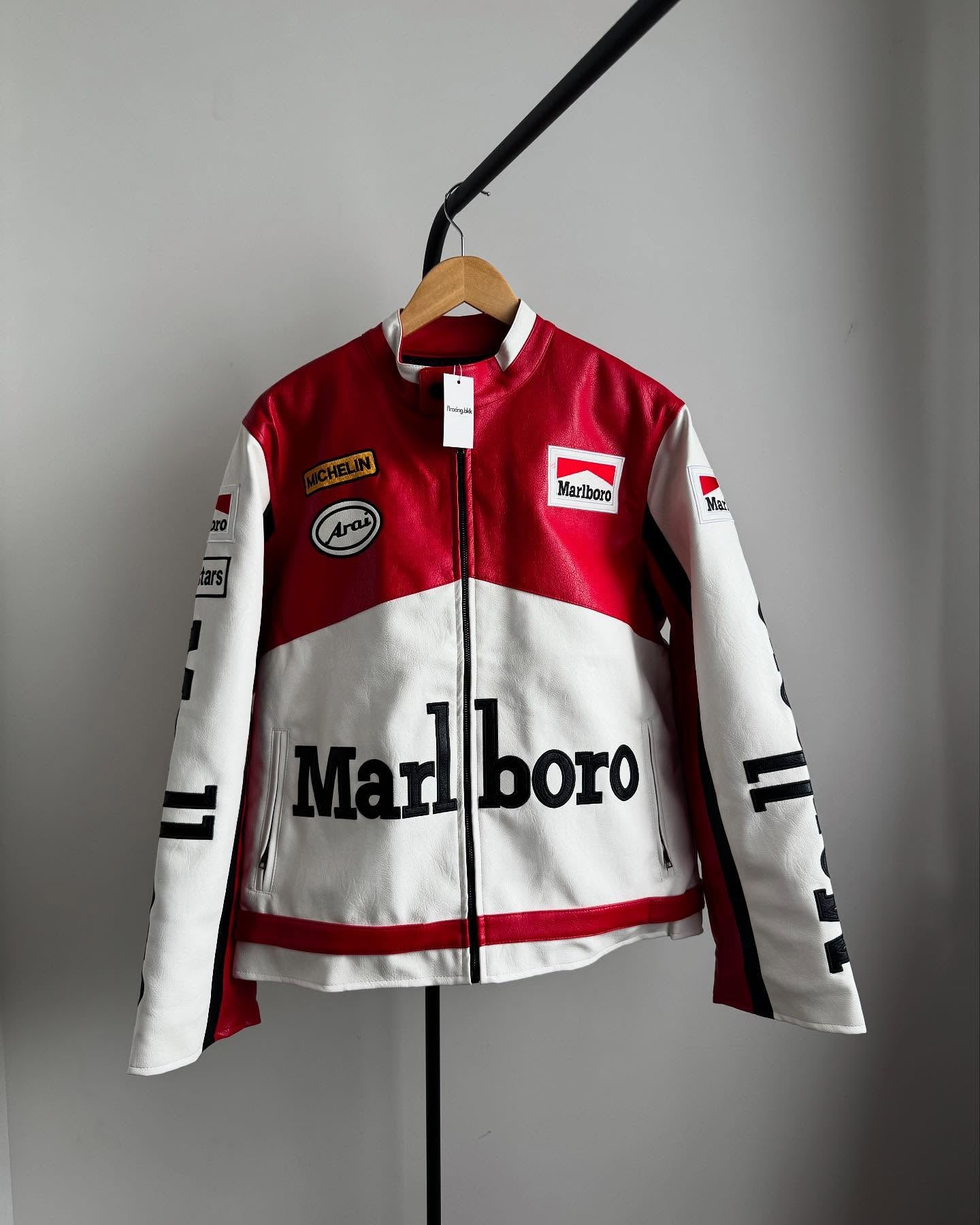 Marlboro F1 leather jacket front view with Michelin and Arai sponsor patches on red and white design