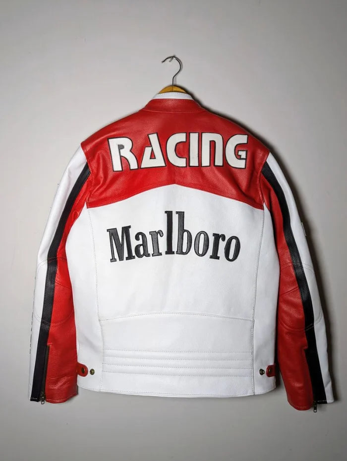 Marlboro leather jacket back with bold Racing text and iconic red white black colorway