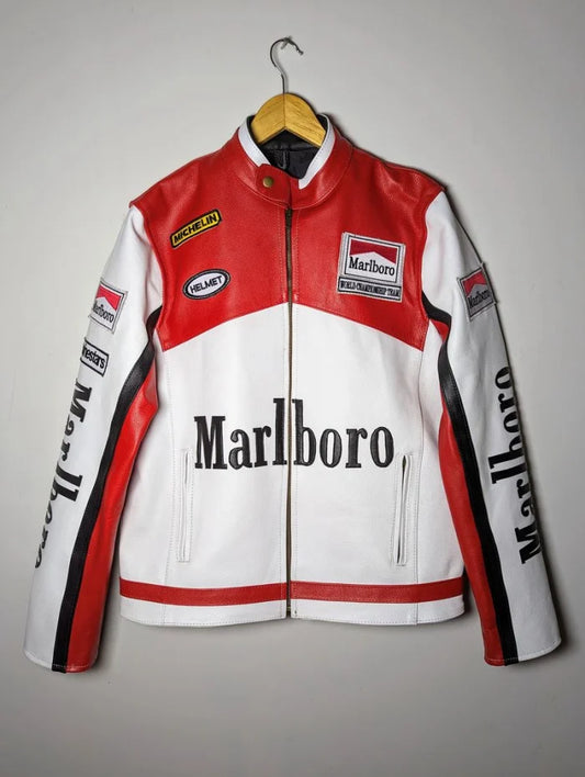 Marlboro leather jacket full front view showing center zipper, multiple pockets, and racing Embroidered patches