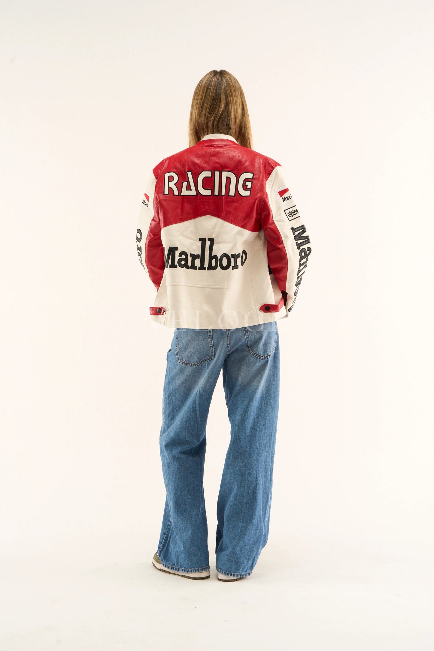 Back-angle close-up showing bold typography on Marlboro vintage racing jacket.
