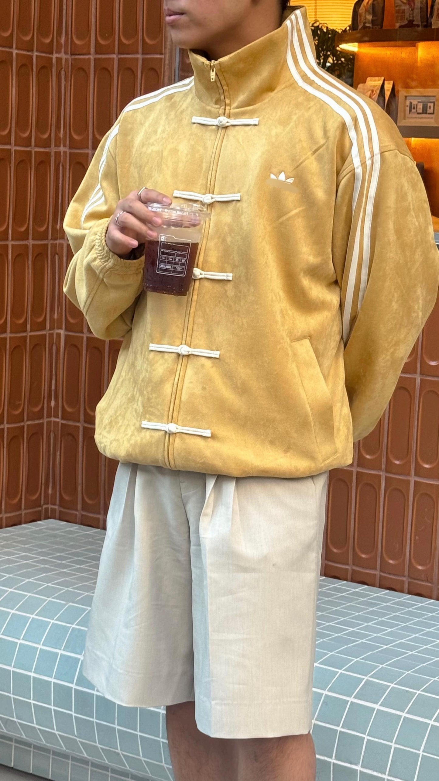 Mustard Yellow Adidas CNY jacket front angle premium vegan suede Chinese New Year style men women Gigavibe India