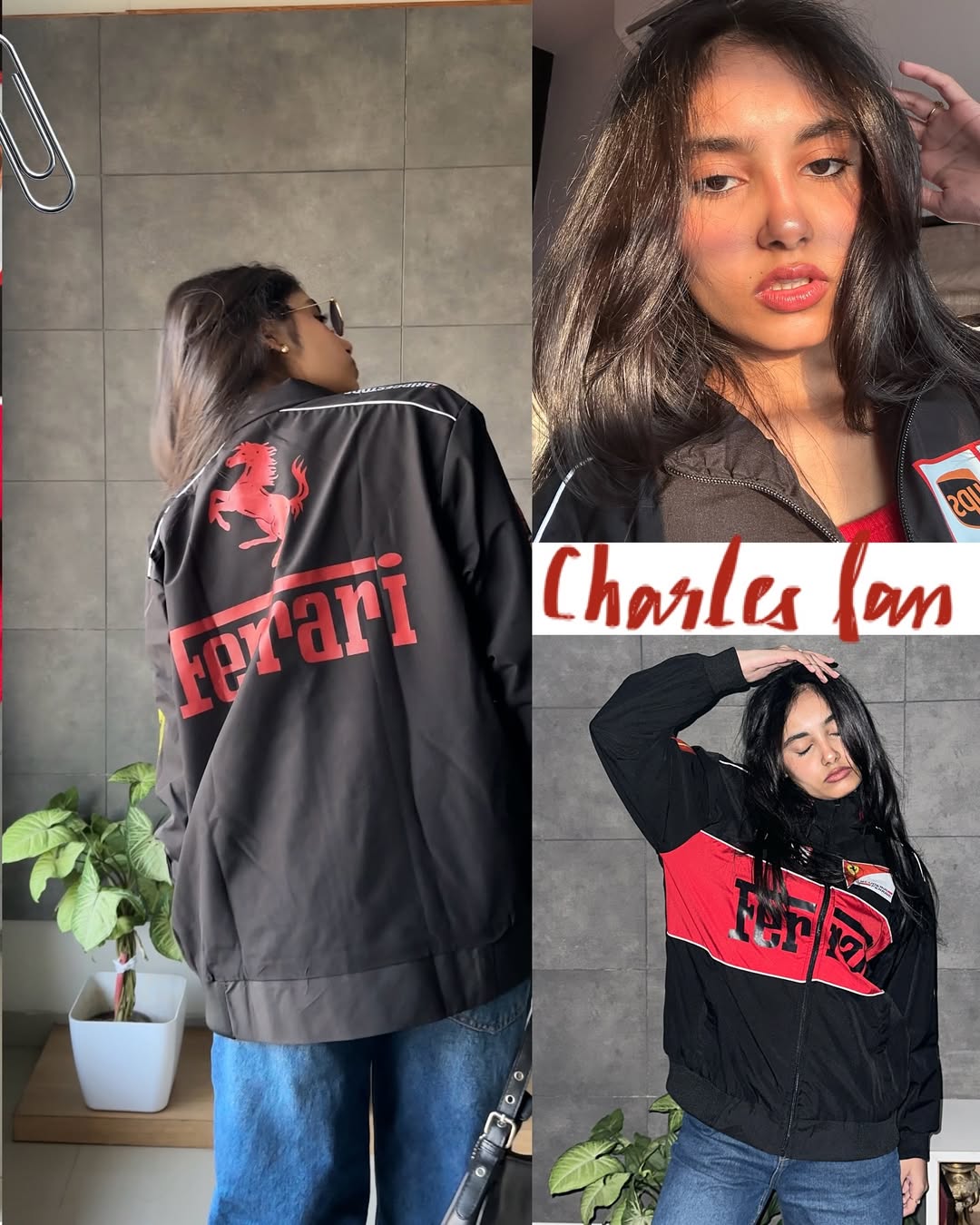 Back view collage of the Scuderia Ferrari jacket highlighting the massive red Ferrari horse graphic print and stylized Charles signature. Emphasizes the rich graphic saturation and vintage motorsport clothing India heritage.