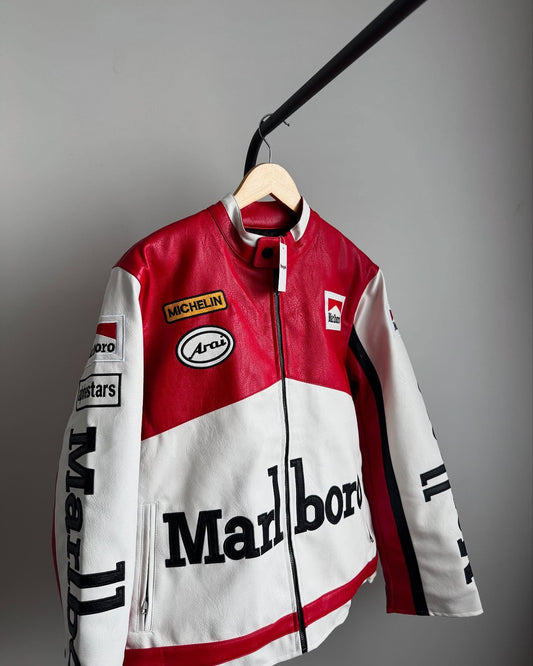 Vintage Marlboro leather jacket showing authentic racing sponsor patches including Michelin and Arai