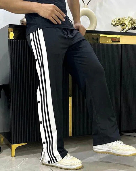 Black snap button straight fit pants for men and women
