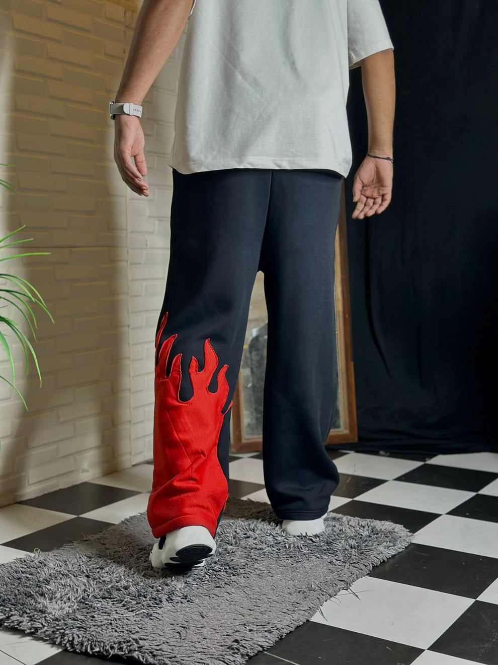 Bold flame printed baggy trousers in cotton fabric