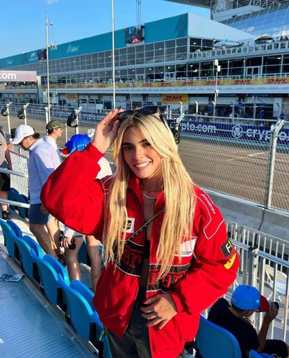 Red Vintage Ferrari Racing Jacket with iconic F1-inspired design and premium detailing