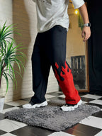 Side view of fire kick bottom pants with flame detail