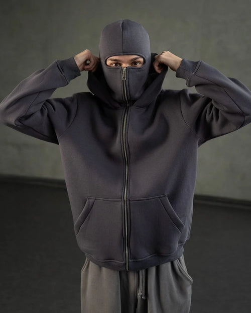 Grey balaclava hoodie men – cozy cotton fleece hoodie with zip