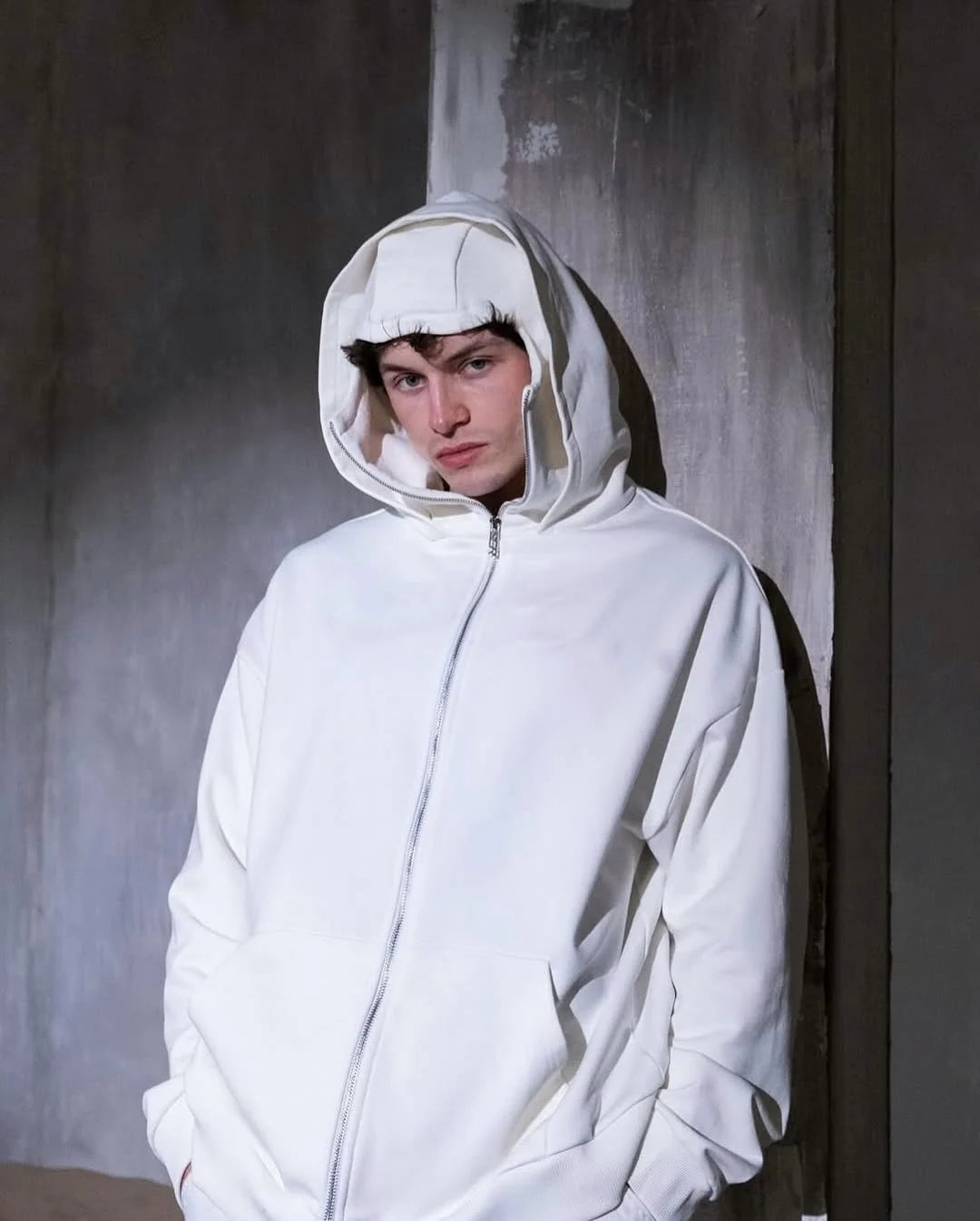 White balaclava hoodie with face mask built in – minimalist techwear look
