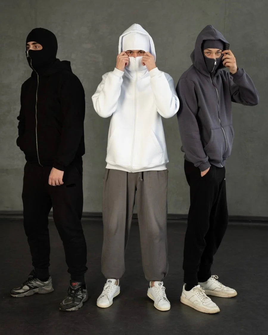 Front View of GigaVibe Balaclava Hoodie – A stylish black unisex balaclava hoodie with a snug fit, perfect for winter fashion in India