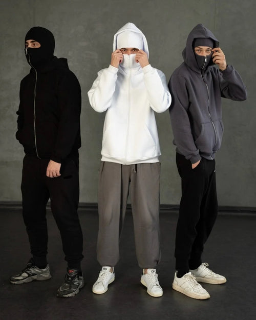 Gigavibe Balaclava Hoodie full front view – unisex streetwear hoodie with built-in mask