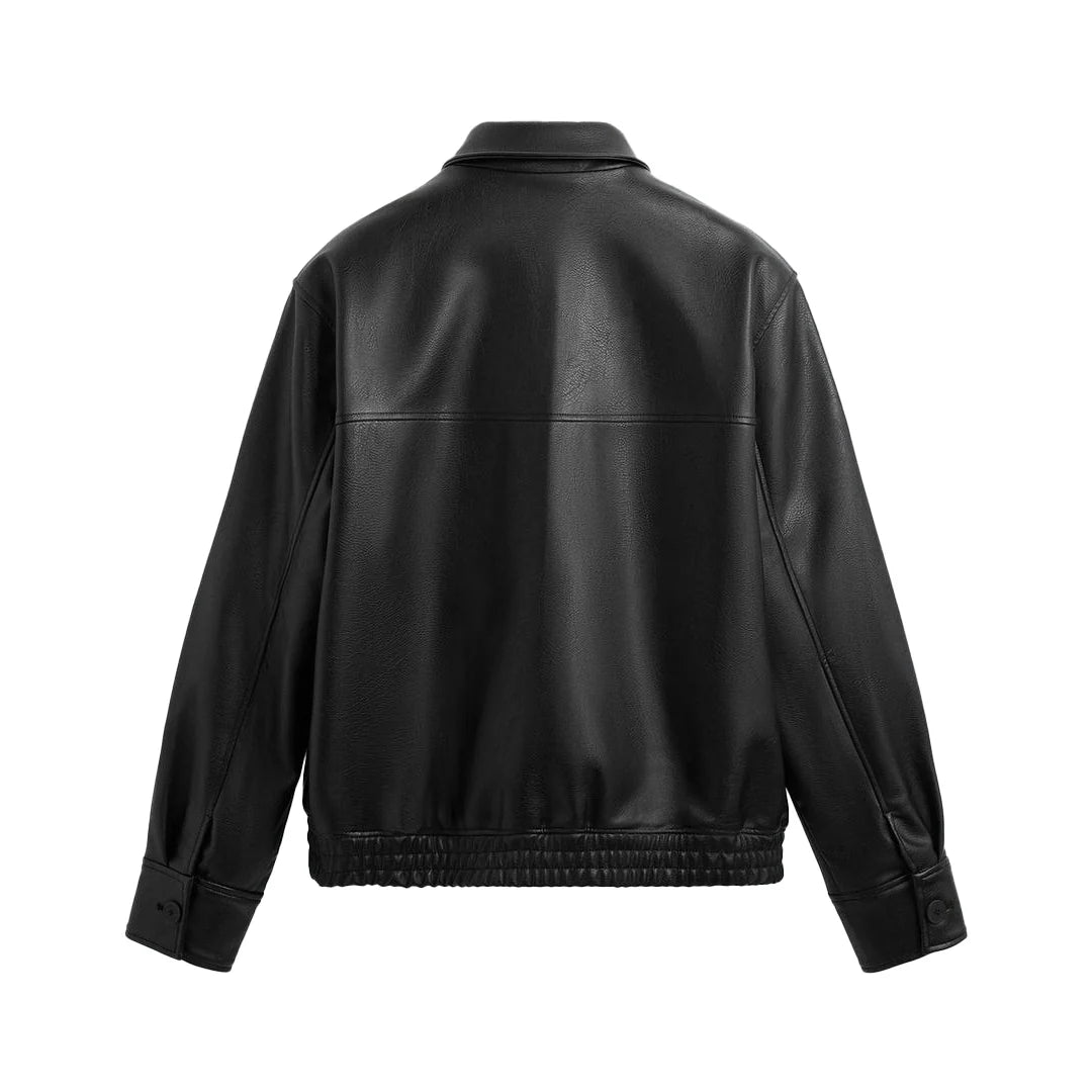 Back side of black bomber leather jacket showing premium faux leather material and clean stitching detail