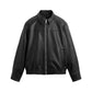Front view of black bomber leather jacket with zip closure, slim fit design and classic bomber silhouette