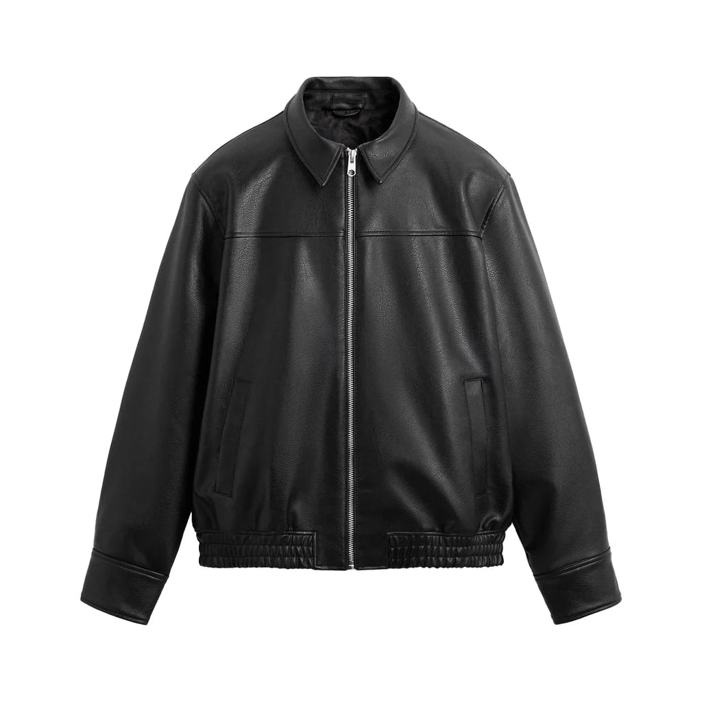 Front view of black bomber leather jacket with zip closure, slim fit design and classic bomber silhouette