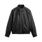 Front view of black bomber leather jacket with zip closure, slim fit design and classic bomber silhouette