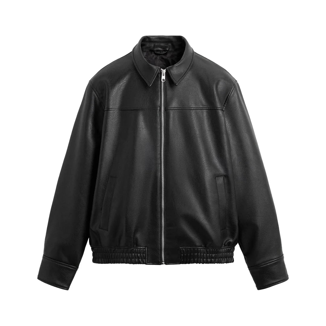 Front view of black bomber leather jacket with zip closure, slim fit design and classic bomber silhouette