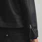 black boxy leather jacket – urban fashion India with a zipper on a neutral background