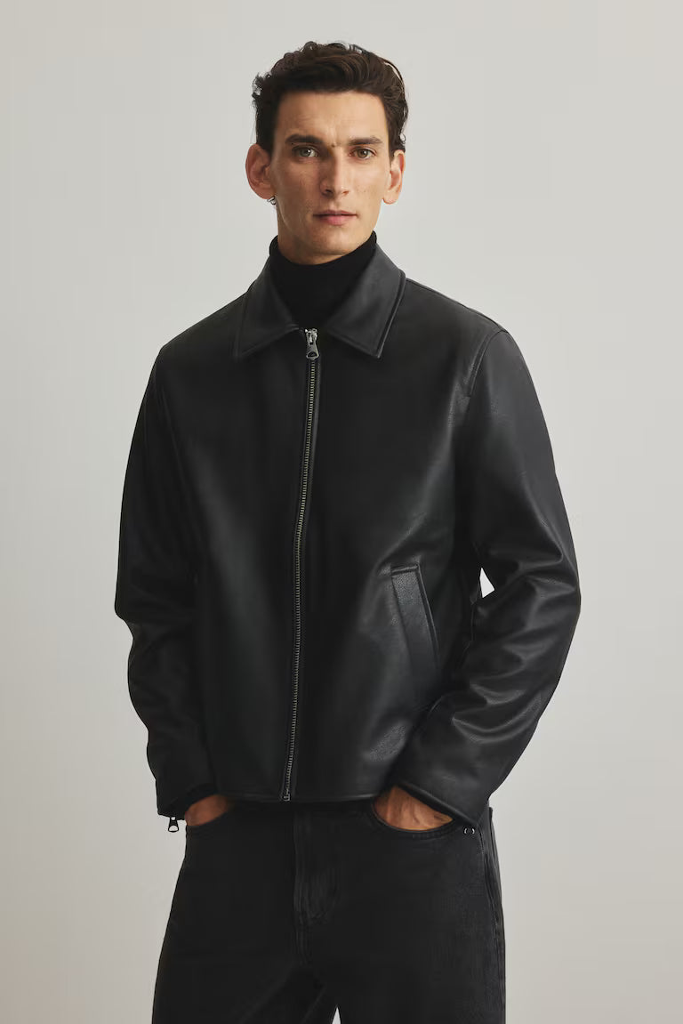 Man wearing a Gigavibe Black Boxy Leather Jacket front view – premium streetwear leather outerwear
