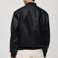 Back view of Gigavibe Black Leather Bomber Jacket with ribbed hem and cuffs