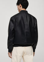 Back view of Gigavibe Black Leather Bomber Jacket with ribbed hem and cuffs