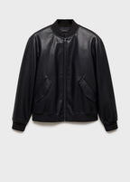 Detailed texture of premium genuine black leather bomber jacket material