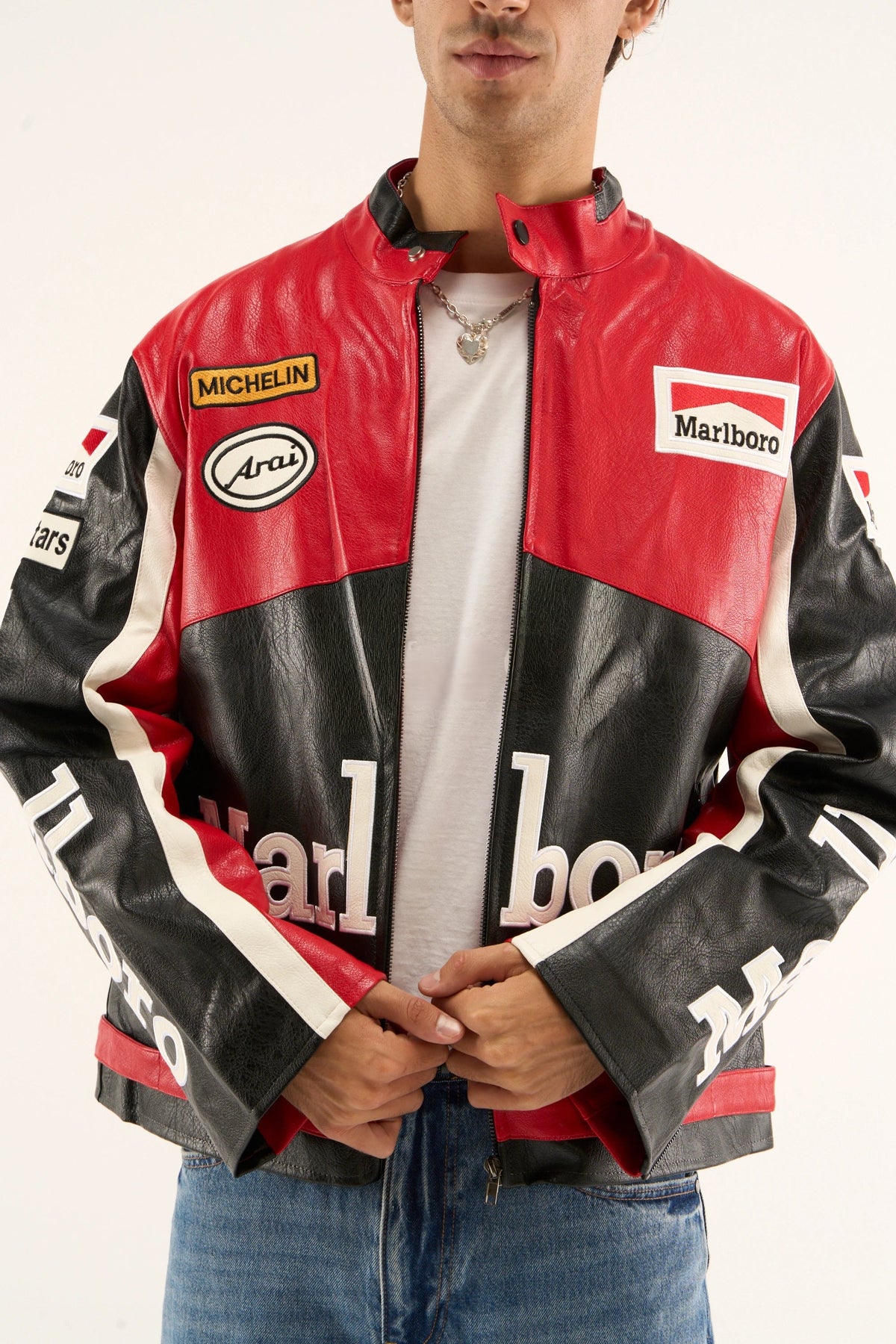 Black Marlboro jacket front view for men featuring premium racing leather design and iconic motorsport patches