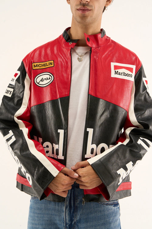 Black Marlboro jacket front view for men featuring premium racing leather design and iconic motorsport patches