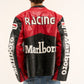 Back view of black Marlboro racing jacket with bold Marlboro branding and vintage motorsport leather finish