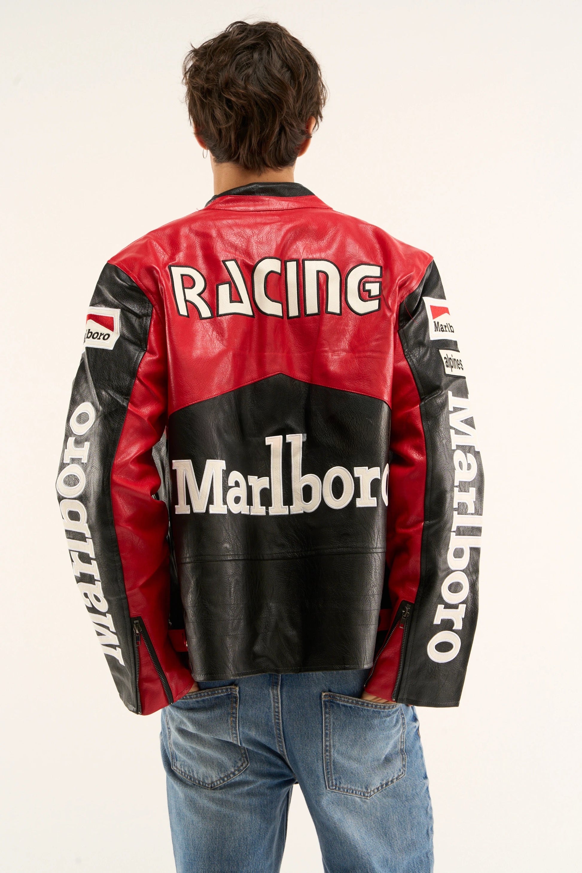 marlboro cigarette leather jacket Racing Ample pocketing Marlboro Black Leather Jacket -