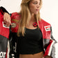 High collar zip detail of black Marlboro leather racing jacket with premium stitching and finish
