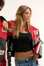 High collar zip detail of black Marlboro leather racing jacket with premium stitching and finish