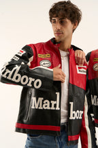 Detailed sleeve view of black Marlboro racing jacket with retro motorsport patches and leather craftsmanship