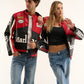 Full look of premium black Marlboro leather jacket paired with casual wear for motorsport street style