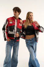Full look of premium black Marlboro leather jacket paired with casual wear for motorsport street style