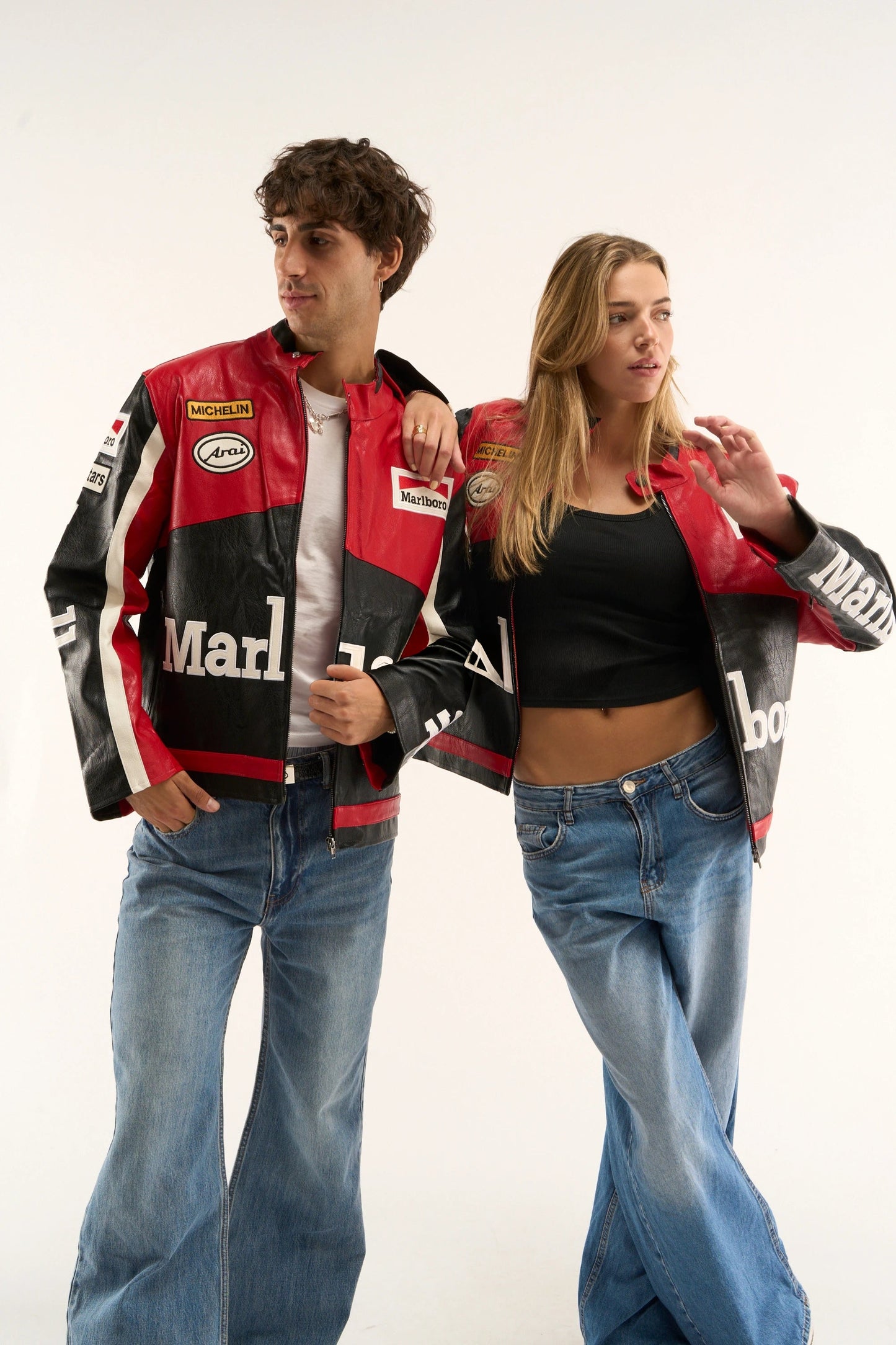 Full look of premium black Marlboro leather jacket paired with casual wear for motorsport street style
