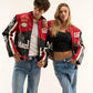 Unisex black Marlboro racing jacket worn casually showcasing premium leather and retro racing aesthetics