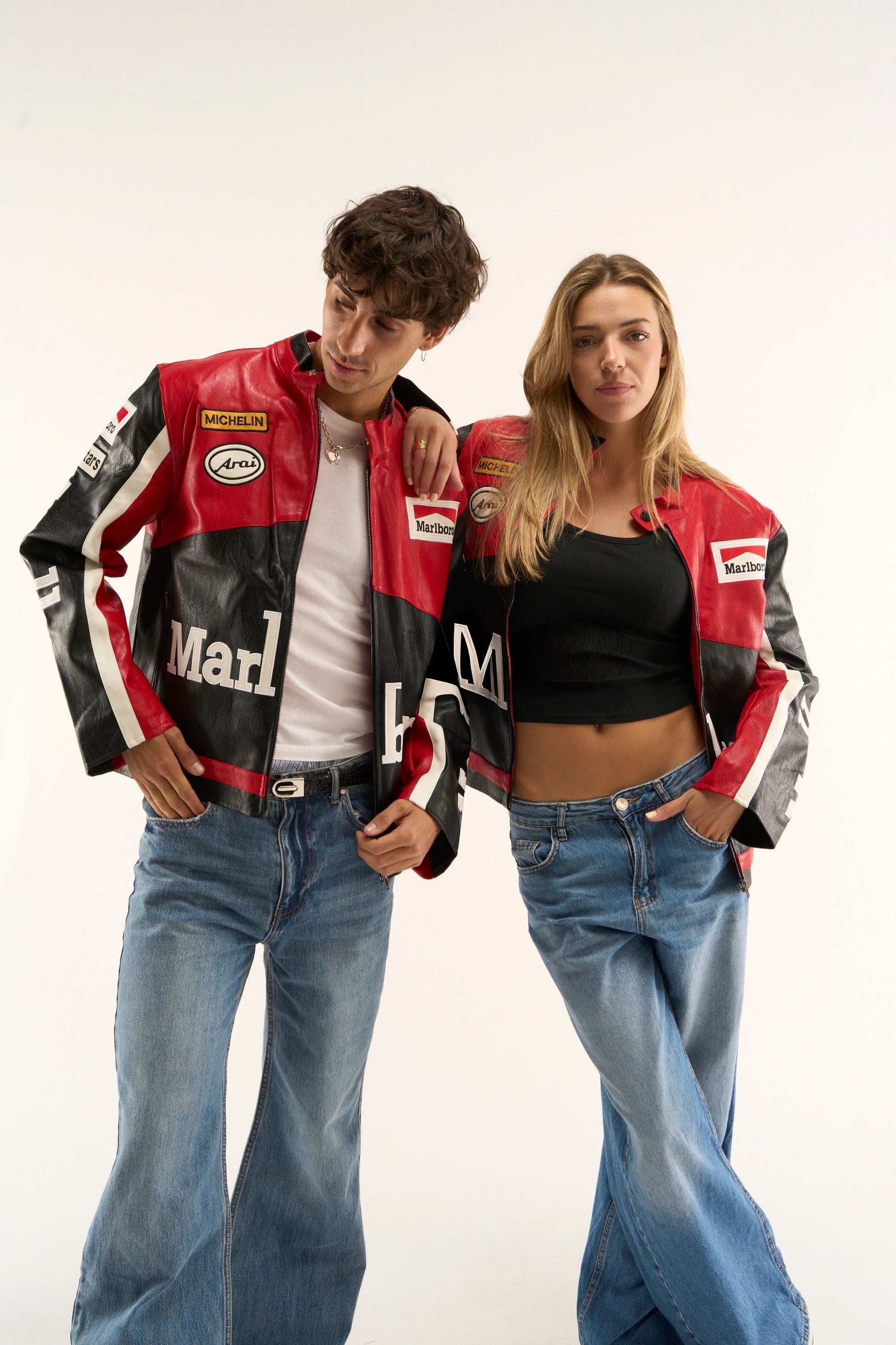 Unisex black Marlboro racing jacket worn casually showcasing premium leather and retro racing aesthetics