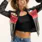 Black and red Ferrari leather jacket for women featuring F1 motorsport design, premium leather finish, and bold racing panels by Gigavibe