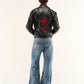 Ferrari racing jacket leather back embroidery with bold red logo on premium black leather finish
