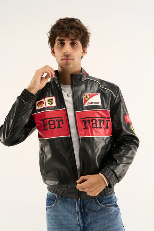 Black and red Ferrari leather jacket for men with motorsport racing style, zip closure, and premium streetwear fit
